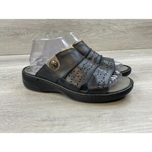 Propet Gertie Women's 8 Black Slide Leather Sandals Laser Cut Comfort Orthotic